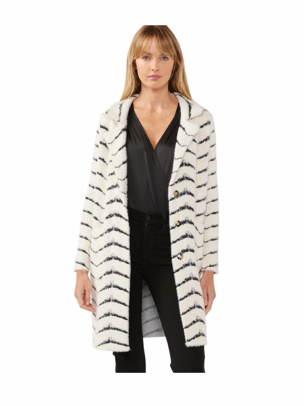 Love Stitch White Faux-Fur Trench Coat with Black chevron Stripes small NWT